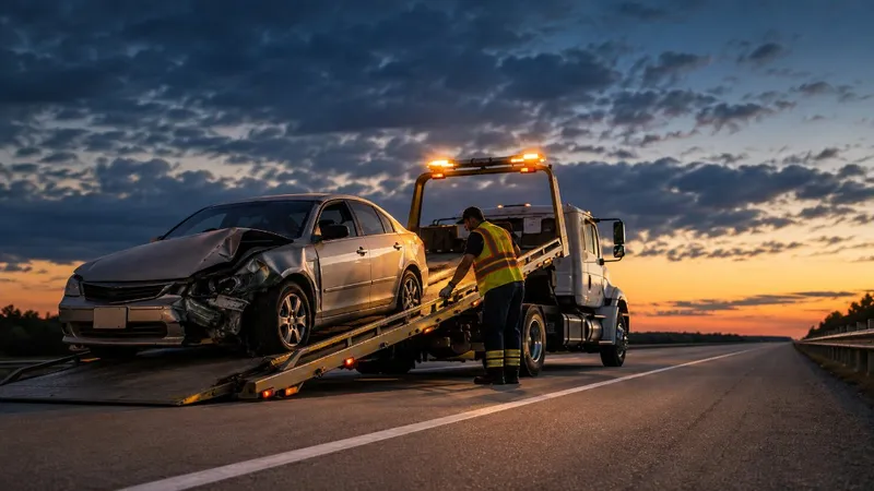 Flatbed tow truck loading a damaged silver sedan on a highway shoulder at dusk