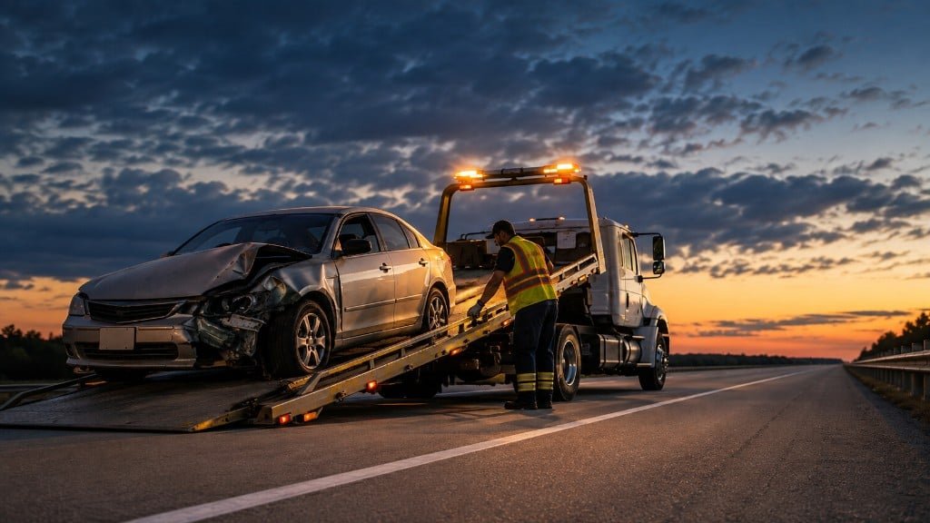 Flatbed tow truck loading a damaged silver sedan on a highway shoulder at dusk while an operator in a high-visibility vest works the recovery