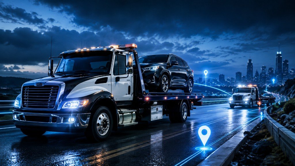 Tow truck on a highway at night with digital location network overlay