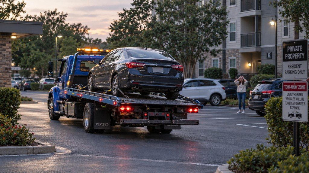 Blue flatbed tow truck removing a dark gray sedan from a private property tow-away zone