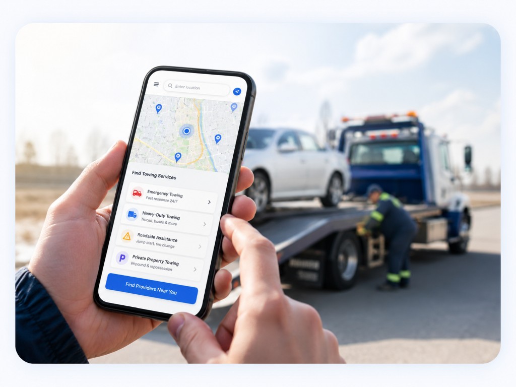 Driver using the Ignite Tow Network app to search towing services by need